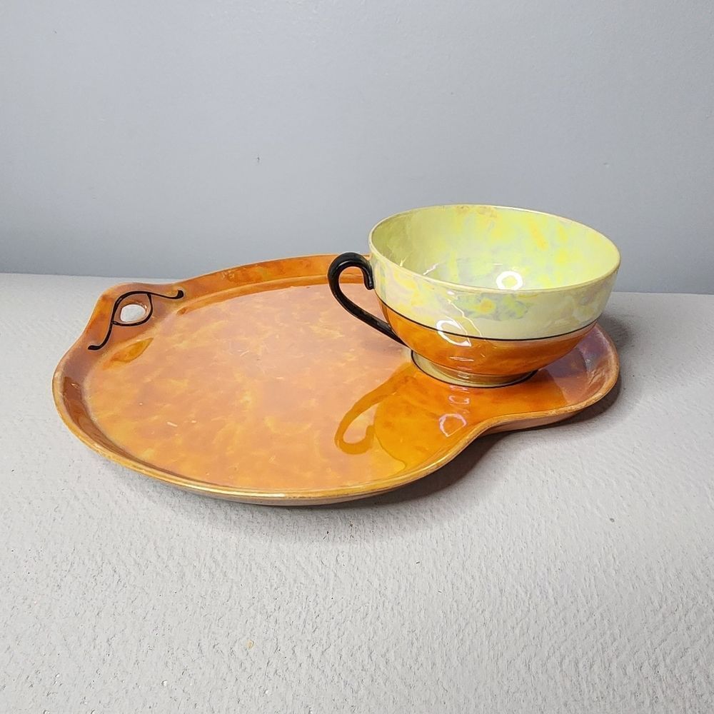 VIntage Czech Phoenix China Lusterware Orange Yellow Black Snack Tray Teacup